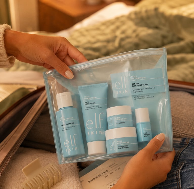 A person packing an e.l.f. Skin Holy Hydration travel kit with facial cleanser and moisturizer into a suitcase.