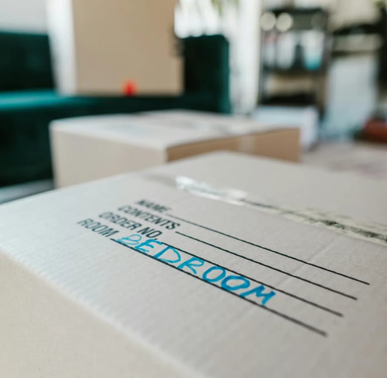 Cardboard moving box labeled bedroom in a living room during home relocation.
