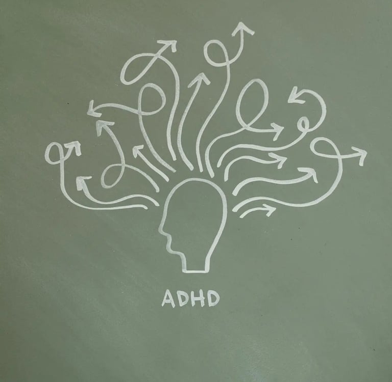 Minimalist chalk drawing of a head profile with tangled arrows representing ADHD brain activity.