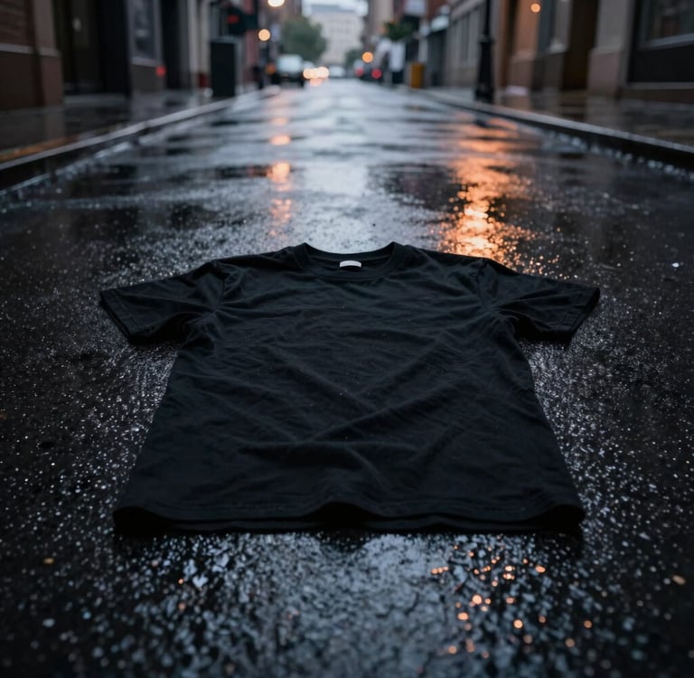Close-up of a black t-shirt with sharp international orange graphics and bold streetwear style