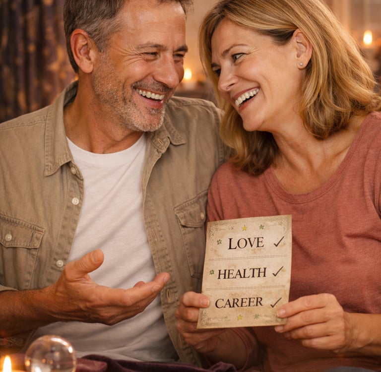 Smiling couple holding a spiritual reading card about love and health during a tarot card session.
