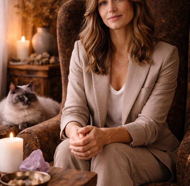Professional woman in a beige blazer sitting in a cozy armchair with her cat and lit candles.