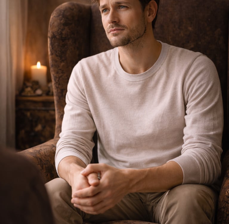 Thoughtful man sitting in a vintage wingback armchair by candlelight.