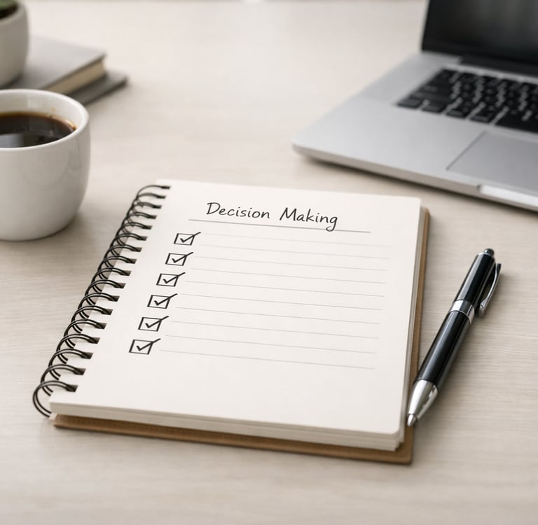 Spiral notebook with a decision making checklist on a desk with a laptop and coffee.