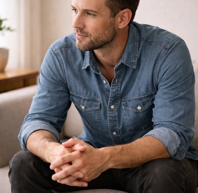 Thoughtful man with stubble wearing a blue denim shirt sitting on a sofa.