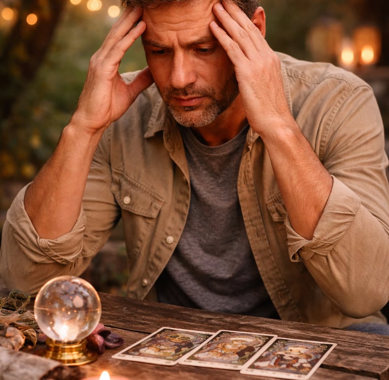 A man intensely focusing on a tarot card reading with a crystal ball and candle on a wooden table.