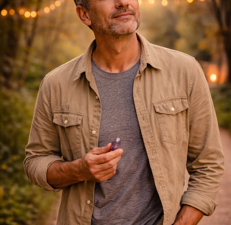 A smiling middle-aged man holding a purple amethyst crystal while walking on an outdoor path at sunset.