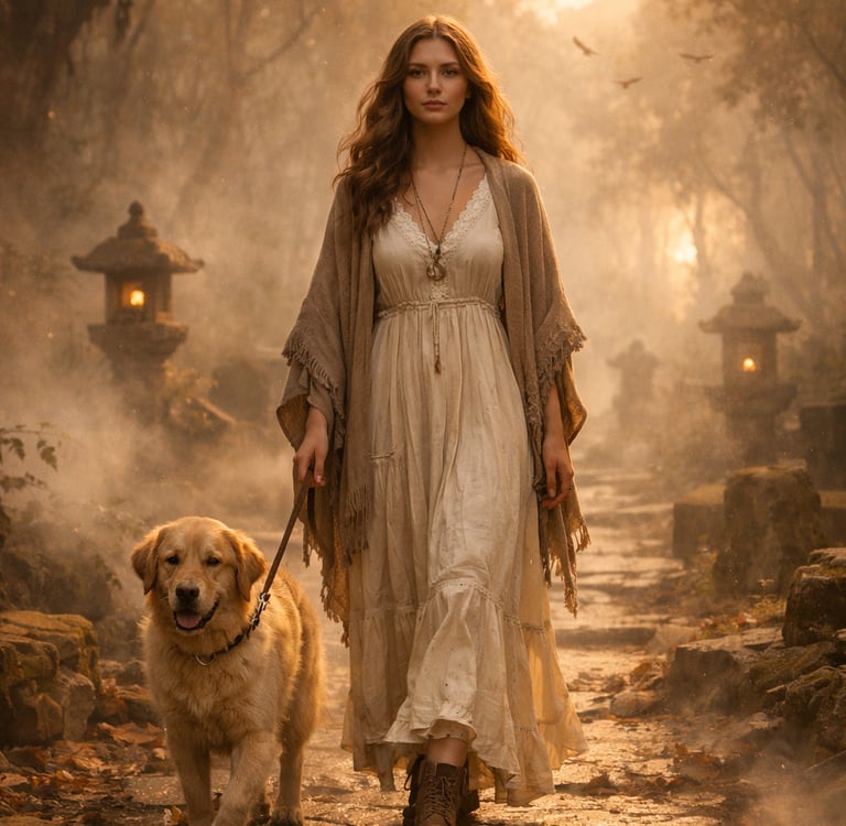 A woman in a bohemian dress walks her Golden Retriever through a misty forest path with stone lanterns.
