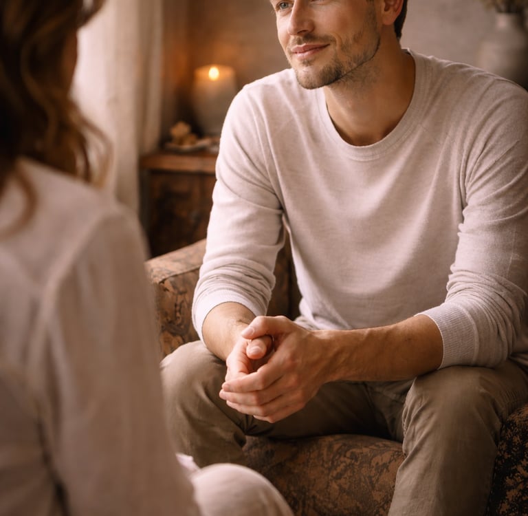 A young man in a white sweater sitting in a cozy room, listening intently to a woman during a therapy session.