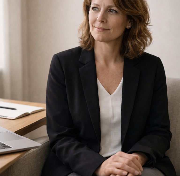 Professional business woman in a black blazer sitting at a desk with a laptop and notebook.