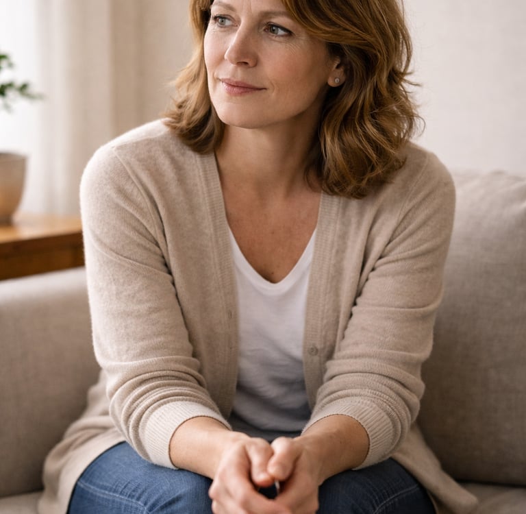 A thoughtful middle-aged woman sitting on a couch in a beige cardigan and blue jeans.