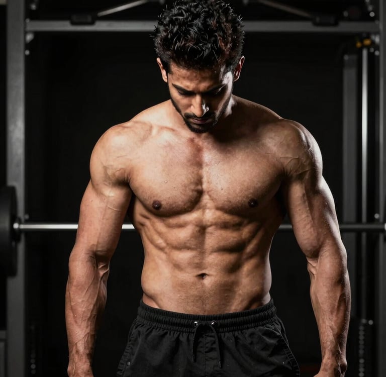 A close-up of a dumbbell resting on a dark gym floor under soft lighting.