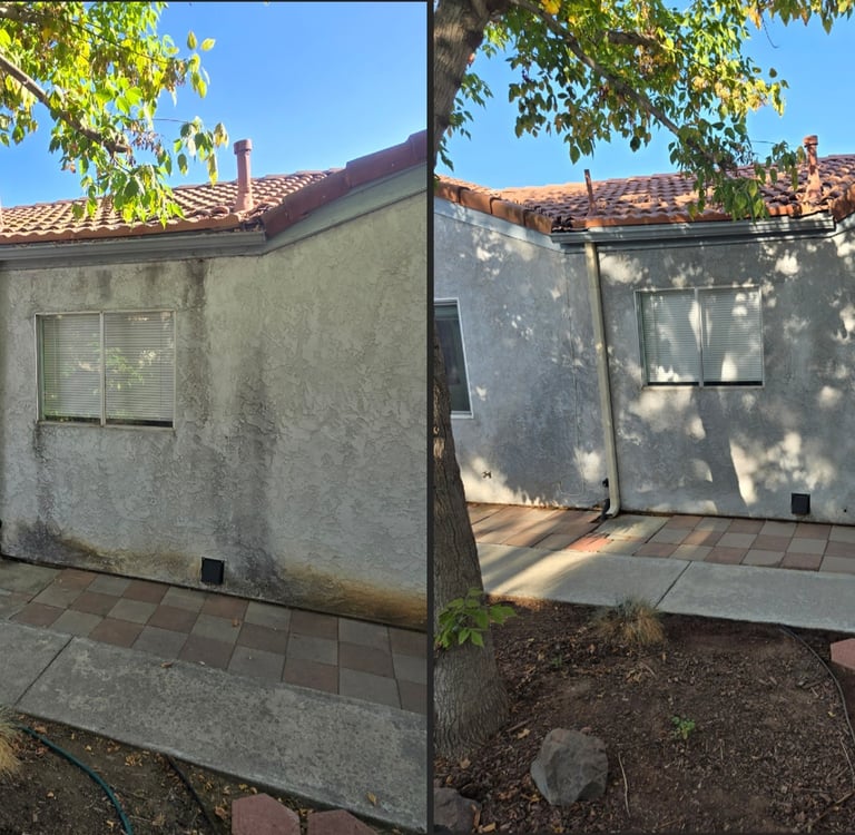 Before and after soft washing of a stucco house exterior with mildew removal in Escondido, CA.