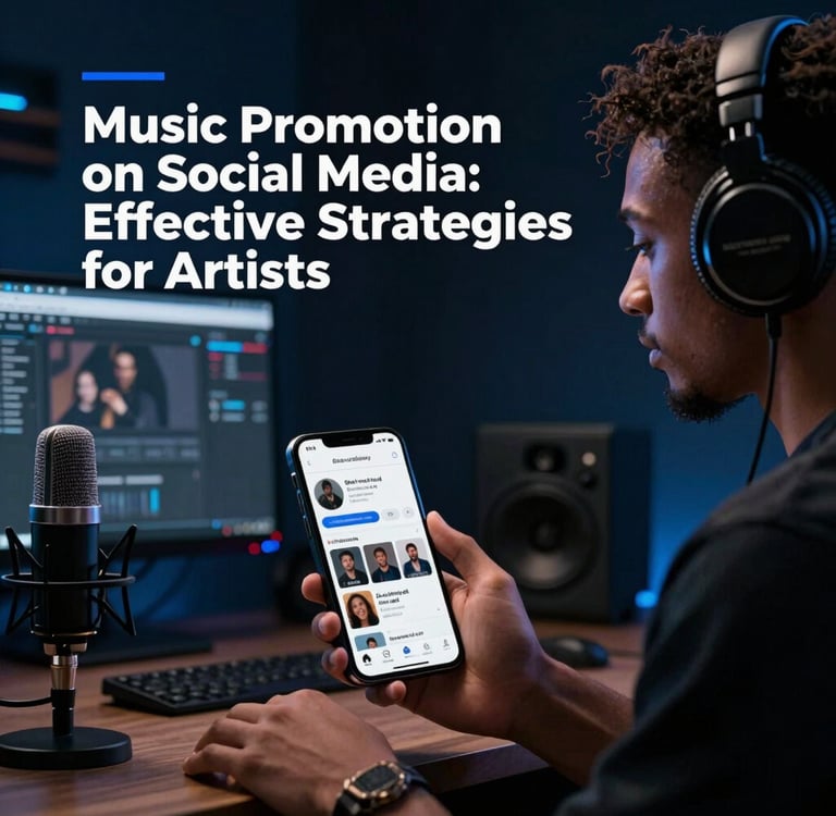 An artist in a home studio using a smartphone for social media music promotion strategies.