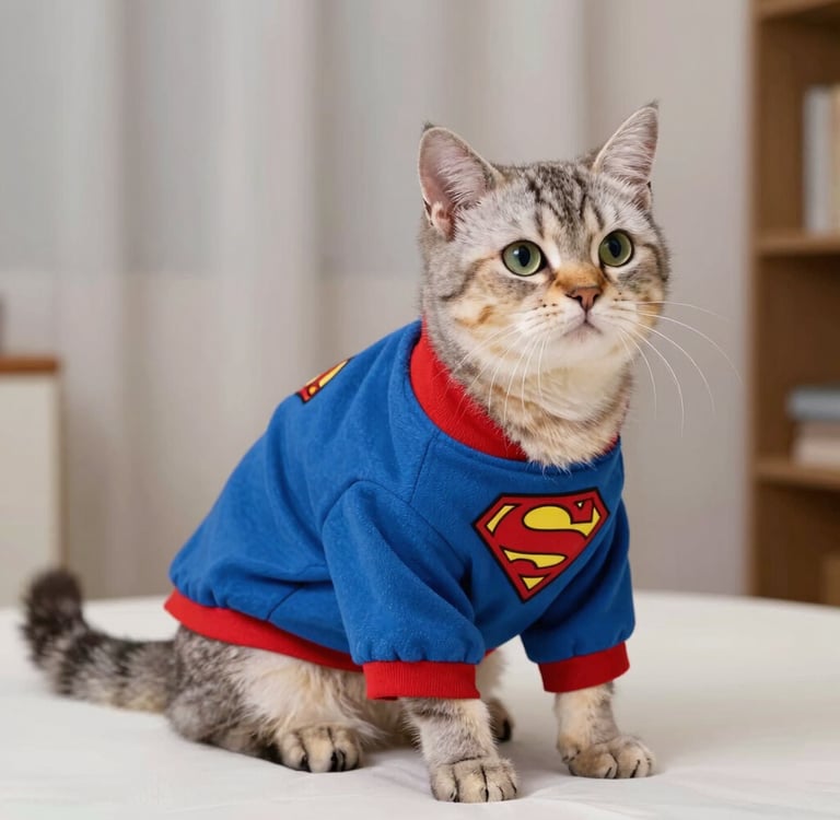 Un adorable gato atigrado con una sudadera azul y roja de disfraz de Superman sentado sobre la cama.