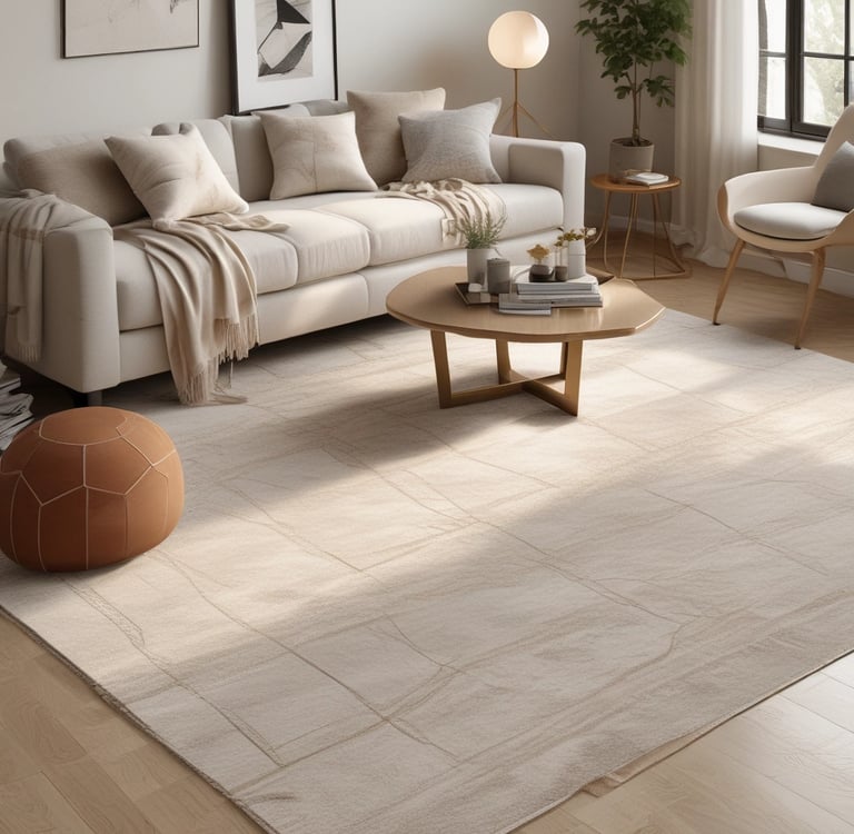 Modern minimalist living room featuring a large beige textured area rug and a white contemporary sofa.