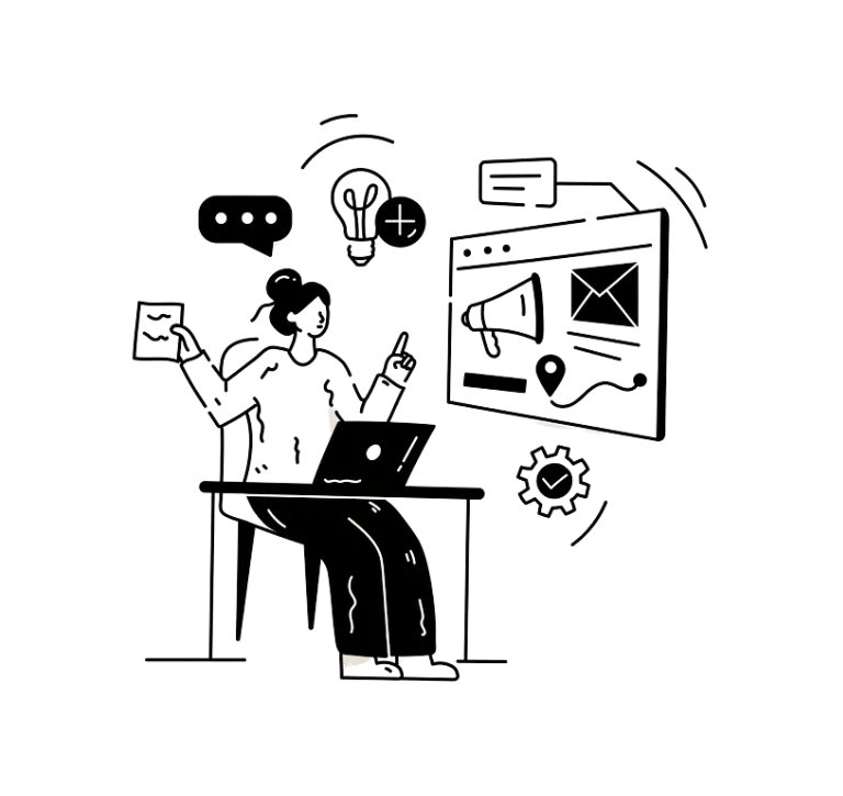 Digital marketing specialist working on a laptop with social media and strategy icons.