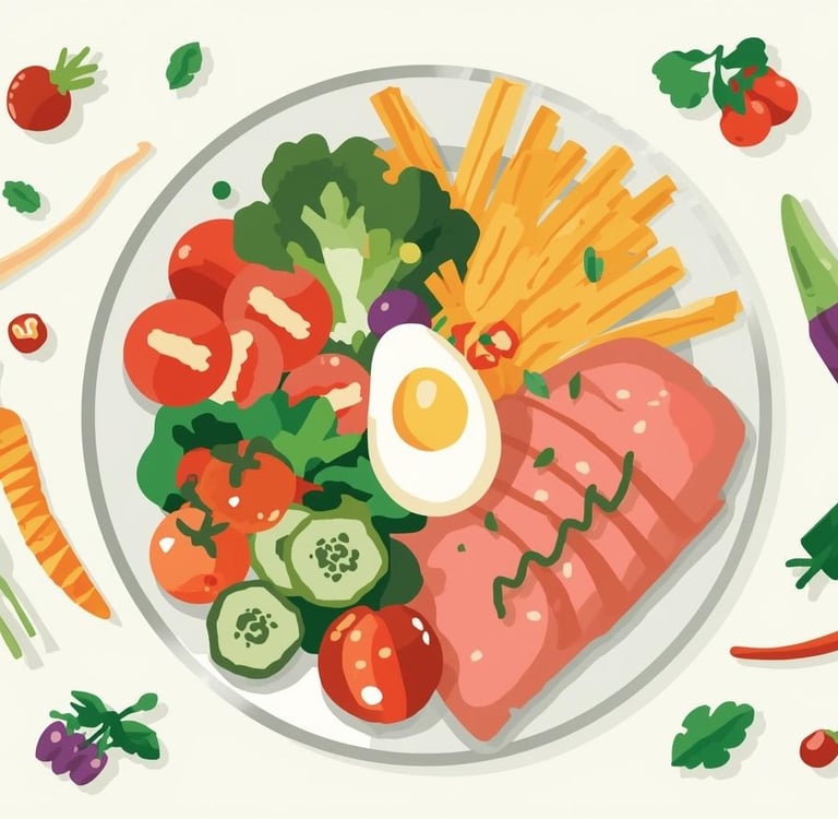 Balanced meal plate showing high-lysine foods, vegetables, protein, and greens for HSV outbreak prev