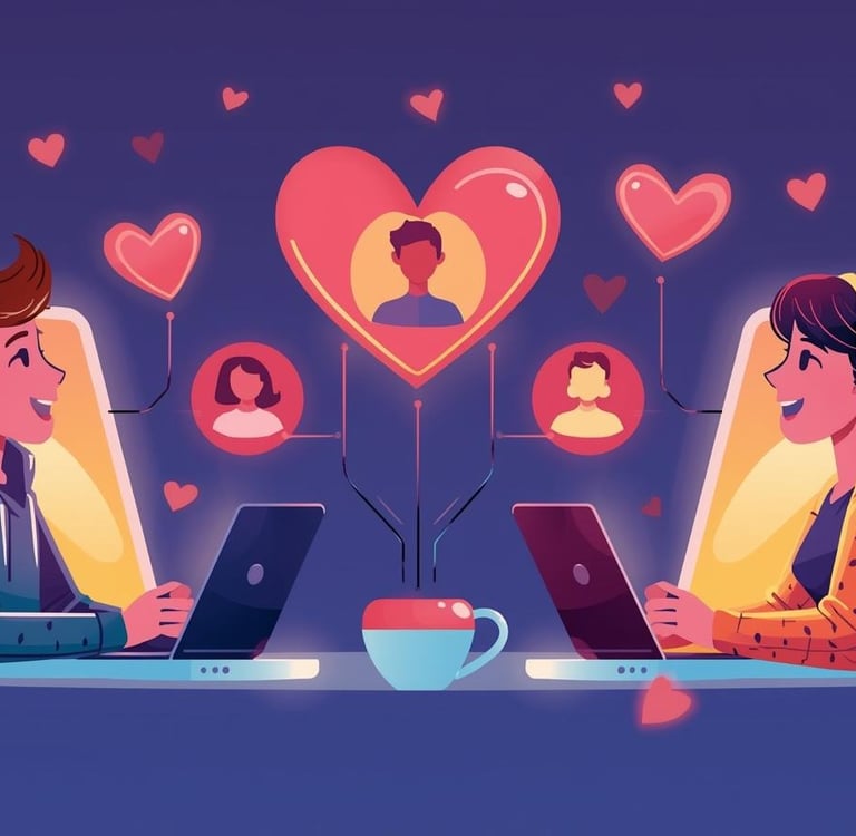 Couple connecting through dating apps with hearts