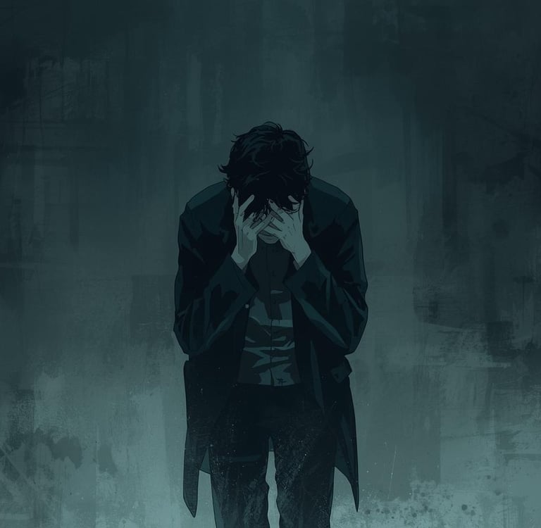 Man in dark coat showing emotional processing and grief following HSV diagnosis with hands covering face