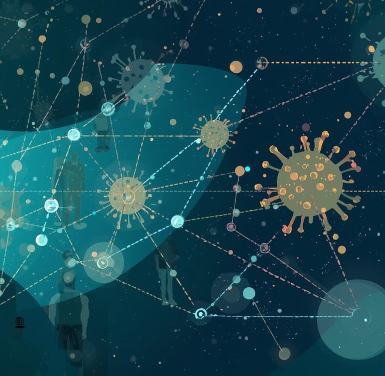 Virus particles showing transmission pathways and infection networks