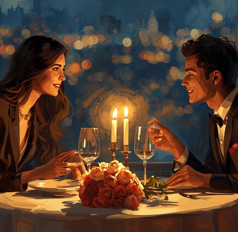 a man and woman sitting at a table with candles