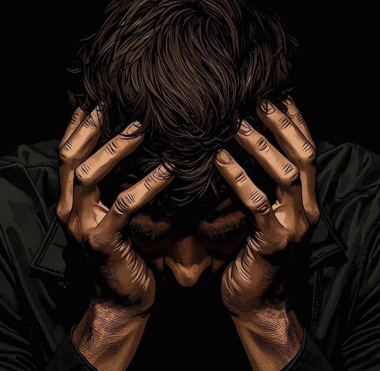 Man with head in hands emotional burden of HSV: psychology of shame, guilt vs identity, shame