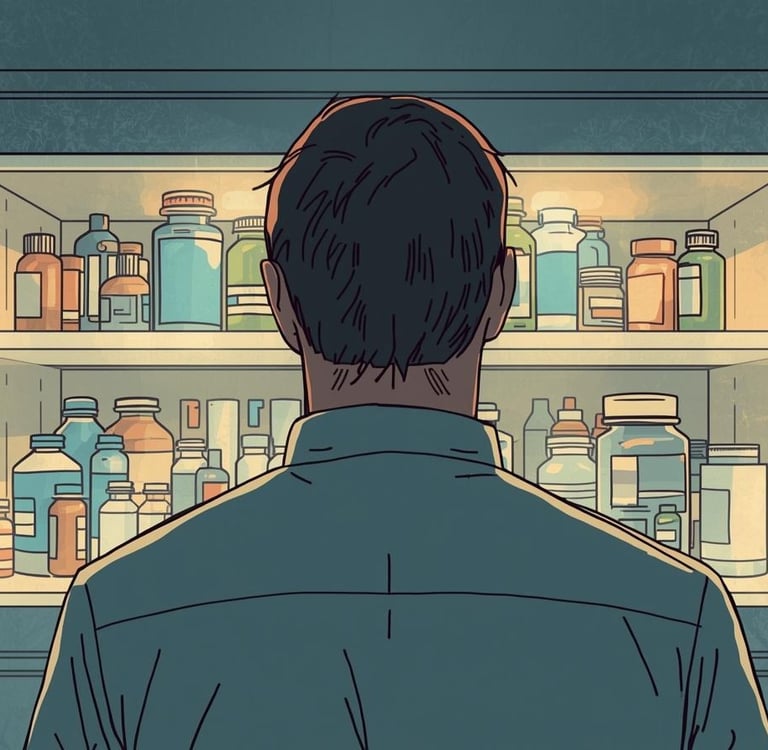 Man reviewing medicine cabinet with antiviral suppression, immune support supplements