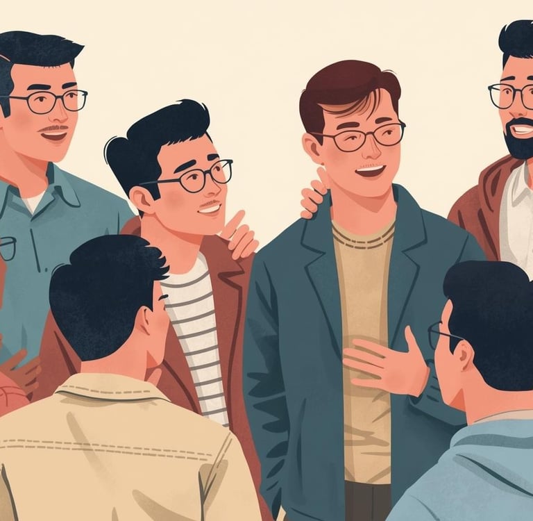 Group of men together showing support: community reducing outbreaks by 35%, improving mental health