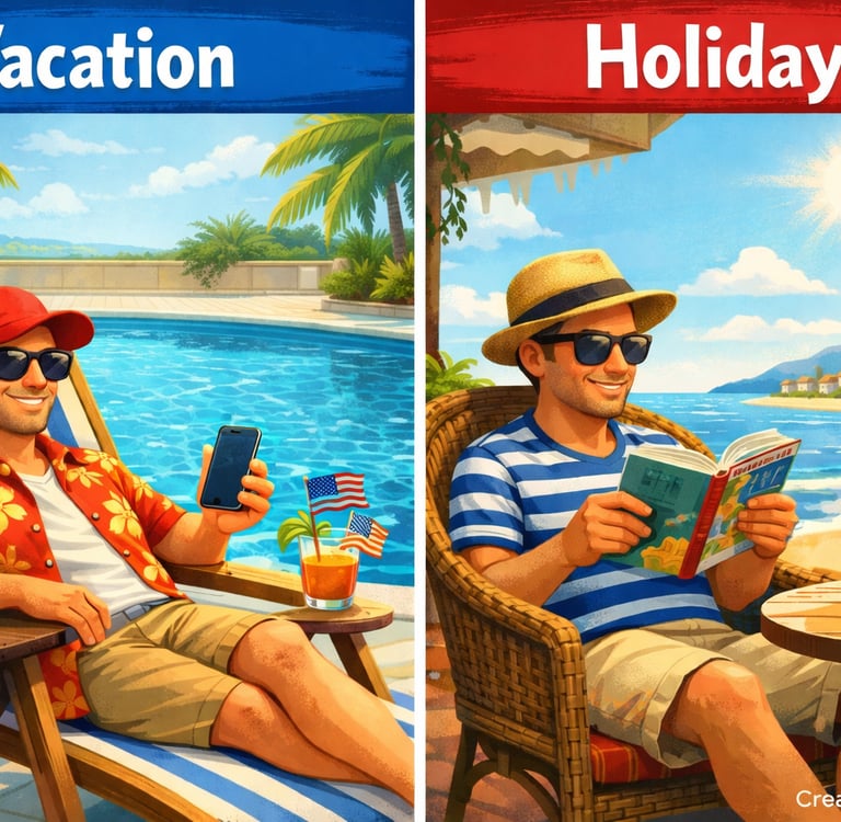 Comparison of American vacation at a pool and British holiday by the sea with travel keywords.