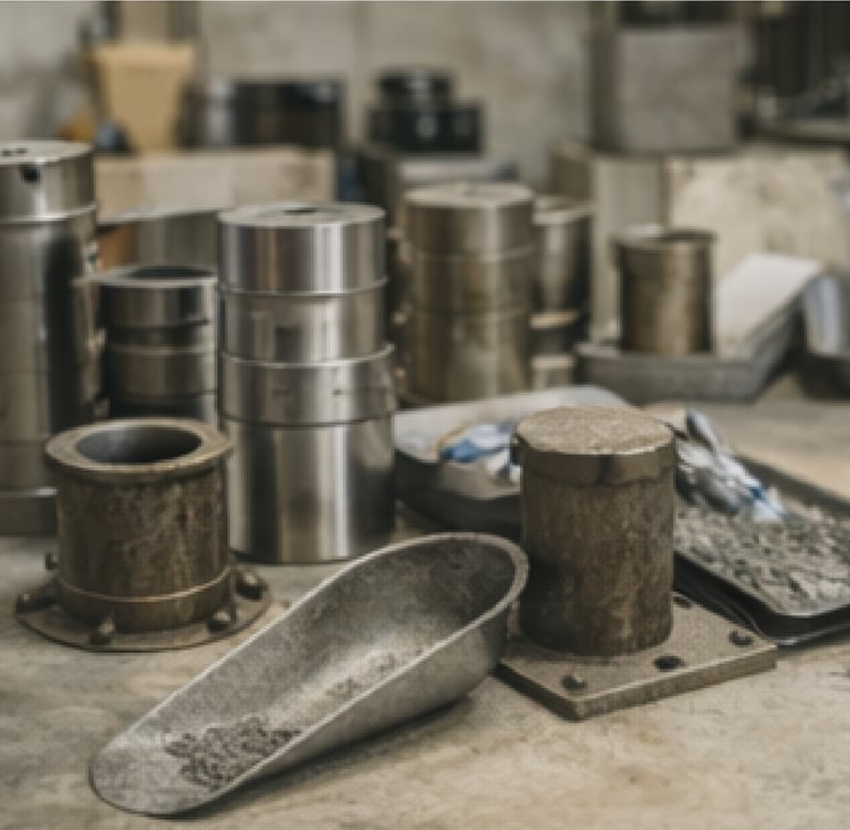 Moldes metálicos y accesorios para preparación de muestras en laboratorio de materiales.
