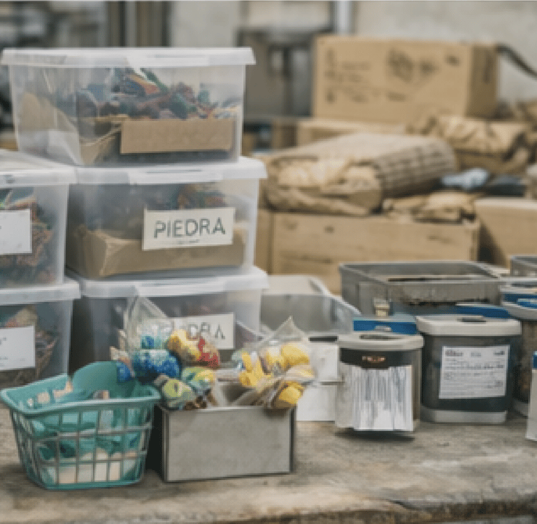 Consumibles y organizadores para laboratorio técnico de materiales.