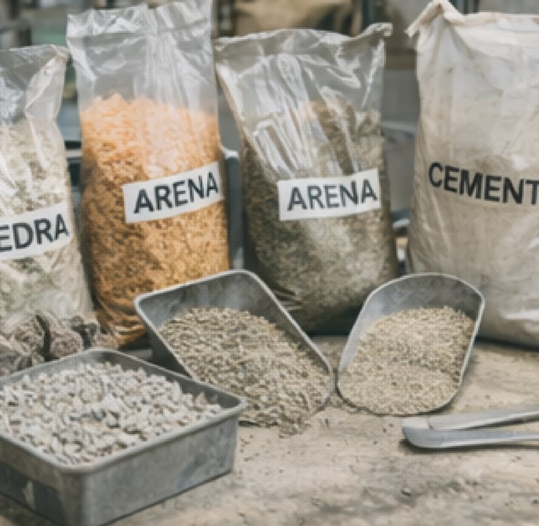 Muestras de agregados y materiales para ensayos de suelos y ensayos de hormigón.