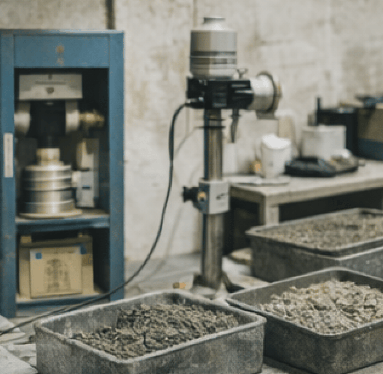 Equipo de ensayo y preparación de muestras en laboratorio de materiales de construcción..