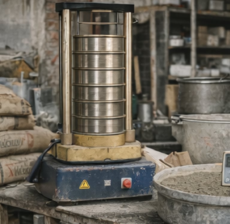 Tamizadora eléctrica para análisis granulométrico de agregados en laboratorios de hormigón.