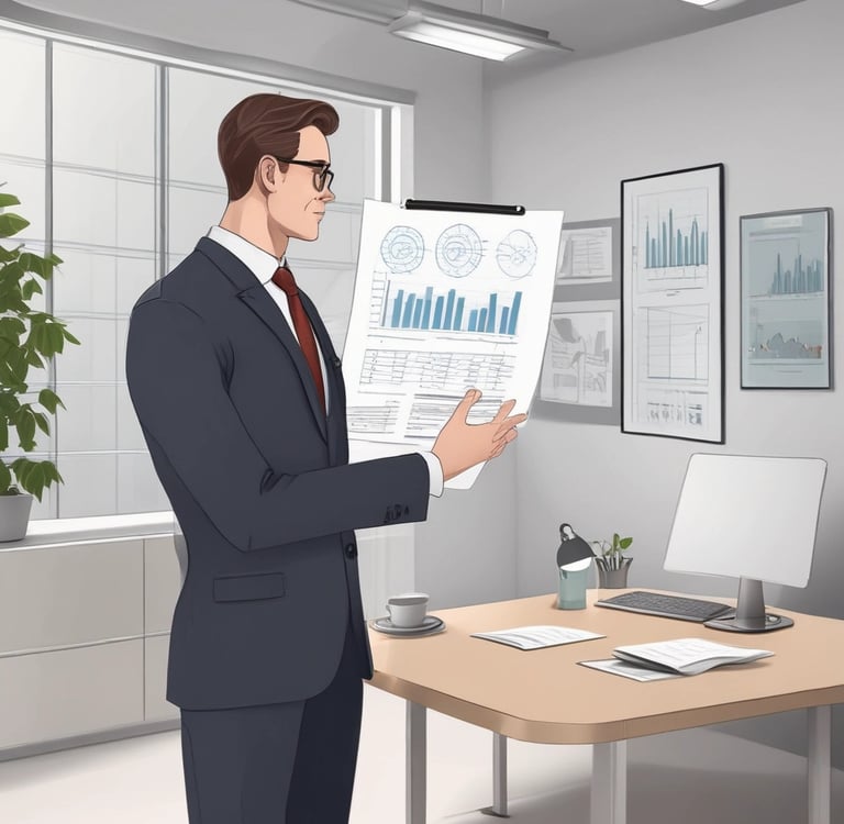 Professional businessman in a suit reviewing data charts and financial reports in a modern office.
