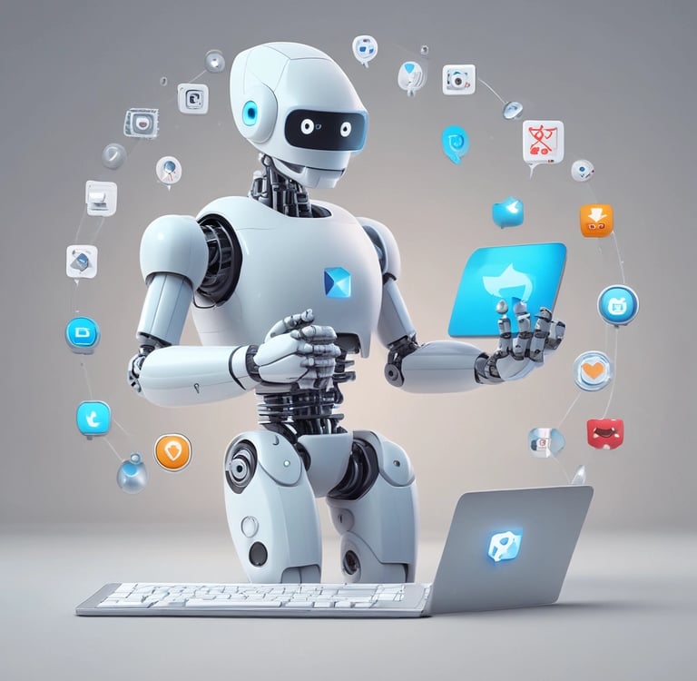 White AI robot assistant managing digital software apps and data on a laptop keyboard.