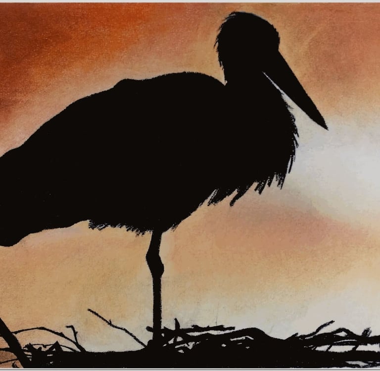 Dibujo realista a pastel de garza en silueta sobre fondo cálido anaranjado, obra de arte