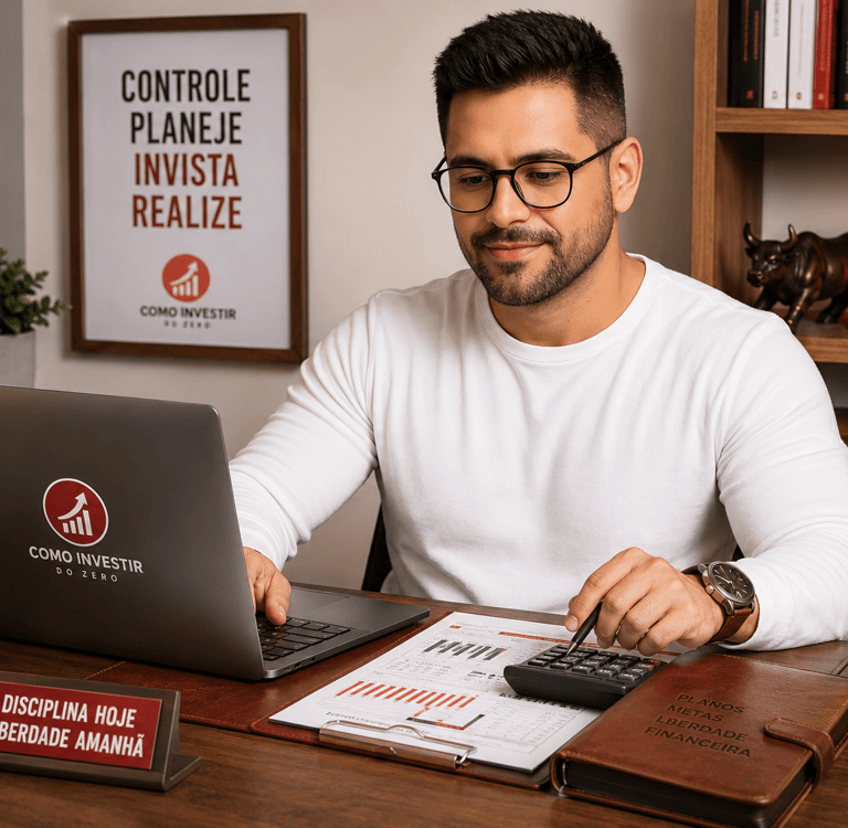 Homem de óculos analisando orçamento doméstico no notebook, em escritório com detalhes vermelhos, madeira e couro