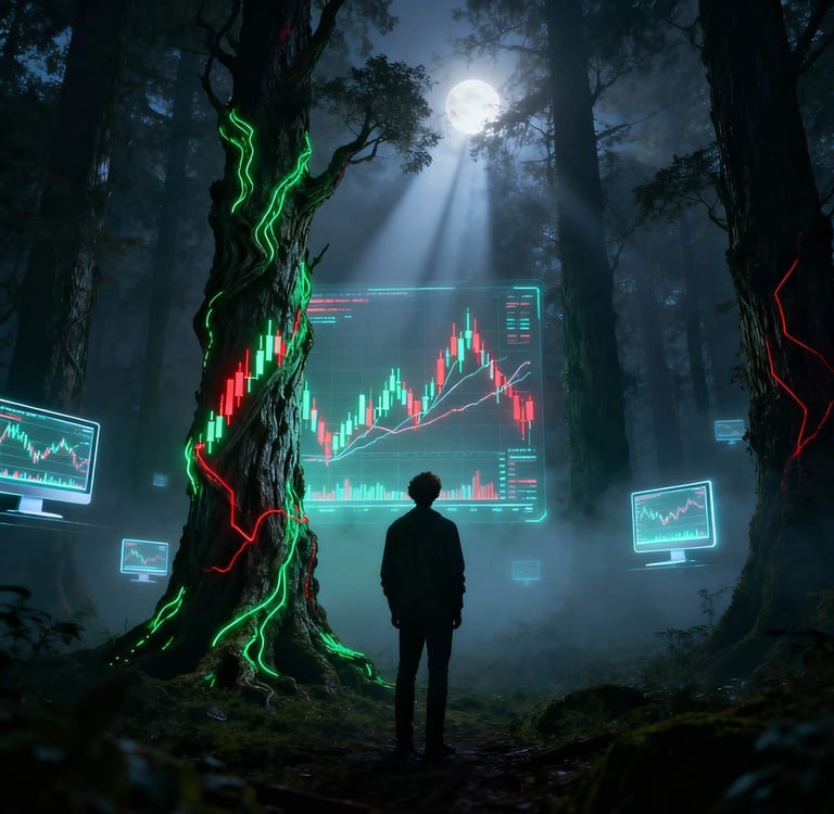 imagem de um investidor inciante na floresta aterrorizante do medo de começar a investir