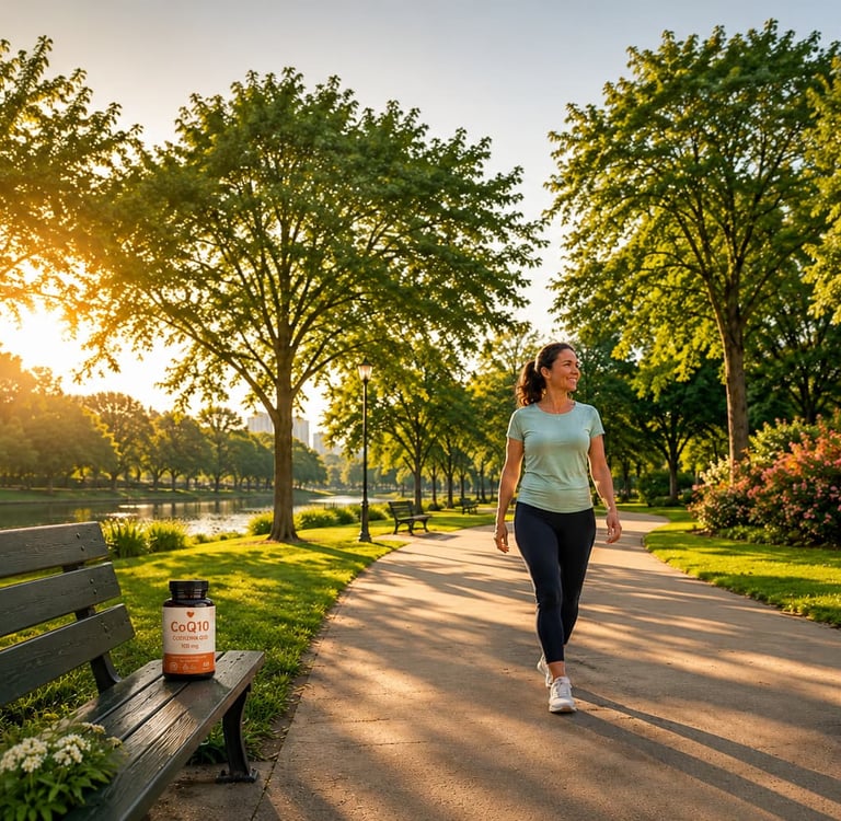 Mulher praticando caminhada em parque com suplemento de Coenzima Q10 em destaque.