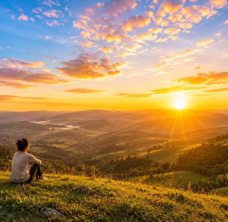Pessoa contemplando o nascer do sol em momento de gratidão e bem-estar na natureza