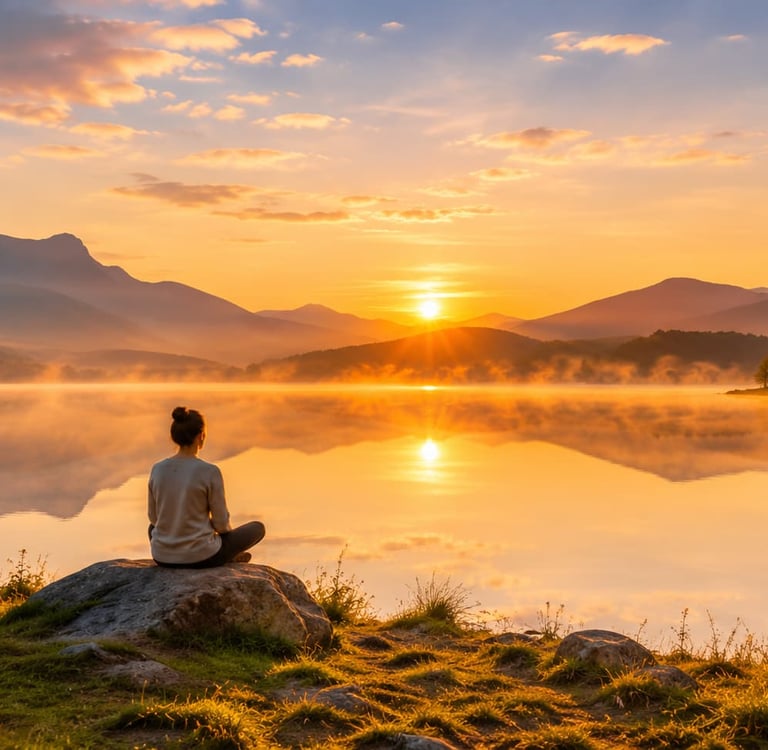 Pessoa em silêncio contemplando um lago ao amanhecer, simbolizando paz interior e bem-estar