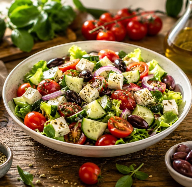 Receita de salada mediterrânea colorida com vegetais frescos