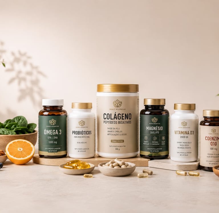 Suplementos alimentares ao lado de alimentos naturais