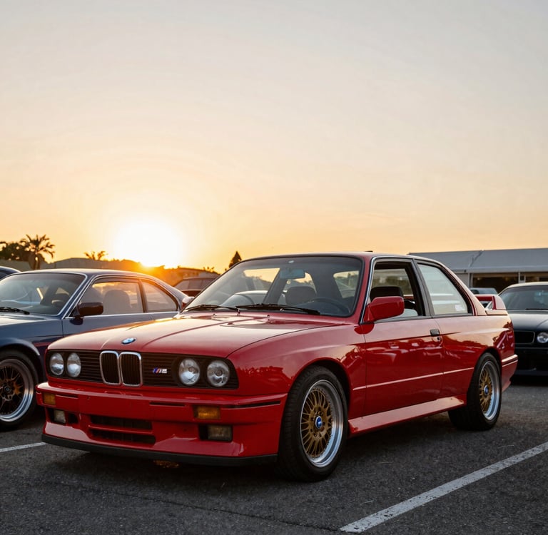 a red car parked in a garage next to a brick wall