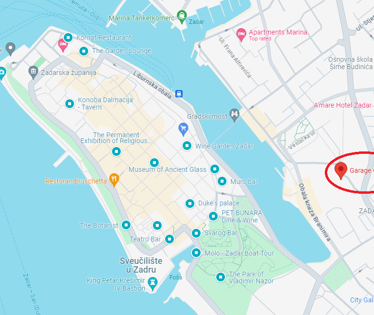 A map of Zadar, showing Garage parking