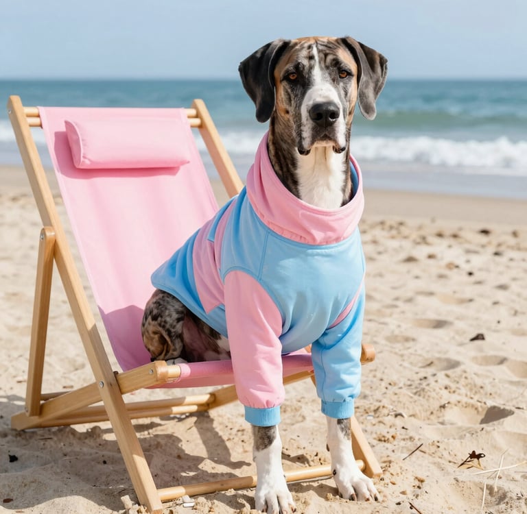 Un gato gris con gafas de sol y una camisa tropical rosa descansando en una silla de playa