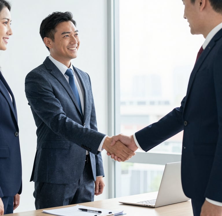 A welcoming office desk with translation documents and a laptop ready for client communication.