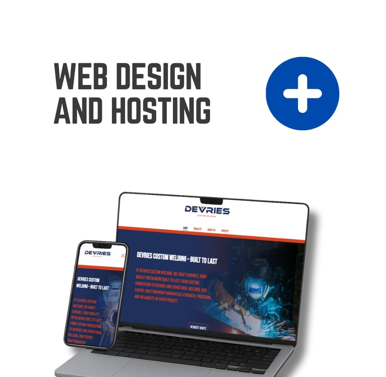 Responsive web design and hosting mockup showing a welding company website on a laptop and smartphone.